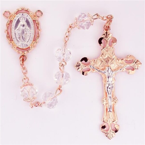 Mcvan McVan R745F 8 mm Crystal Rose Gold Miraculous Cross Rosary Set - Clear R745F - main